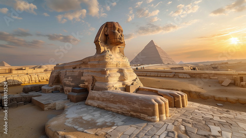 The ancient Great Sphinx of Giza stands majestically with a pyramid in the background, illuminated by the golden hues of a desert sunset. photo