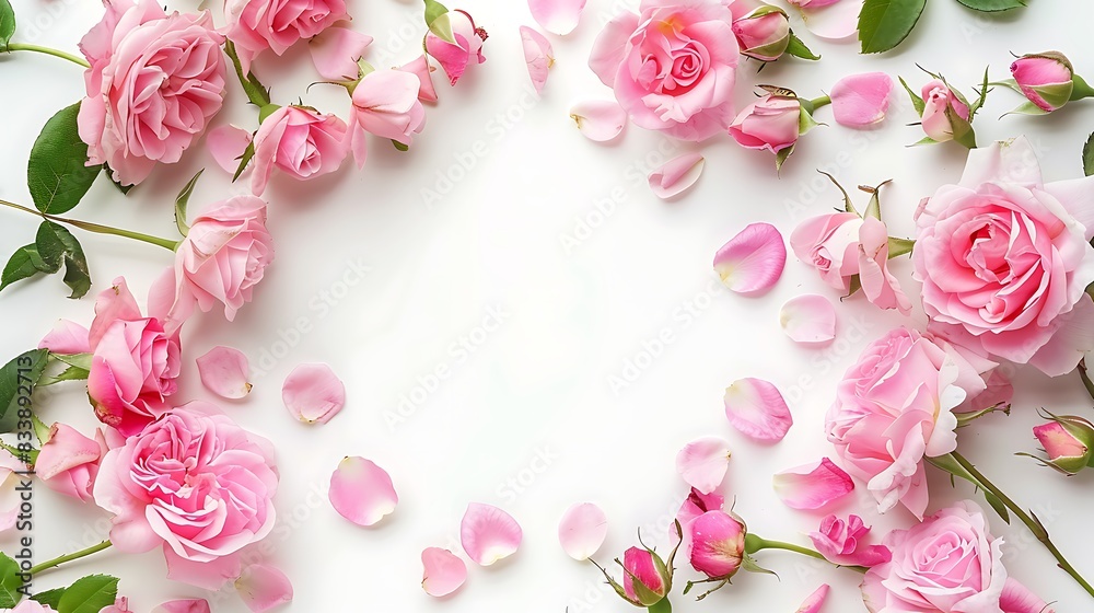Elegant pink roses and scattered petals create a romantic frame on a white background. Elegant pink roses and scattered petals create a romantic frame on a white background.