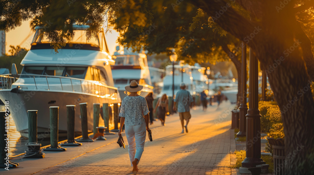 A mature female enjoying a leisurely stroll along a waterfront promenade, with boats and yachts anchored nearby A mature female enjoying a leisurely stroll along a waterfront promenade, with boats and yachts anchored nearby