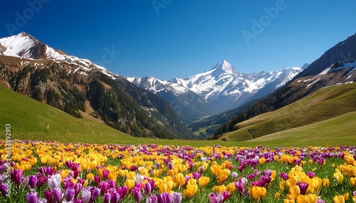  Produce an image of a picturesque mountain valley blanketed in vibrant wildflowers  with snow-capped peaks towering in the distance under a clear blue sky. 