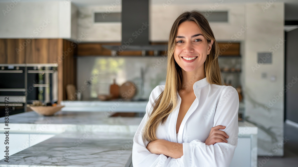Confident European woman real estate agent stands proudly in a sleek, modern kitchen with high-end appliances and marble countertops, radiating expertise and approachability, ready Confident European woman real estate agent stands proudly in a sleek, modern kitchen with high-end appliances and marble countertops, radiating expertise and approachability, ready