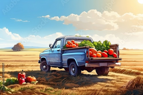 Old truck with an autumn harvest of vegetables and herbs on a plantation - a harvest festival, a roadside market selling natural eco-friendly farm products. illustration.  photo