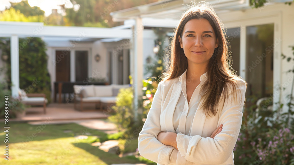 Confident European woman real estate agent stands proudly in a spacious backyard with a patio and garden, highlighting outdoor entertainment potential, radiating expertise and appr Confident European woman real estate agent stands proudly in a spacious backyard with a patio and garden, highlighting outdoor entertainment potential, radiating expertise and appr