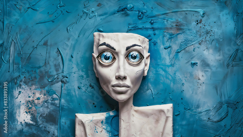 Unforgettable tense gaze of a person with big bulging eyes staring intently, avant-garde painting with thick layers and striking contrasting colors of white and blue. photo