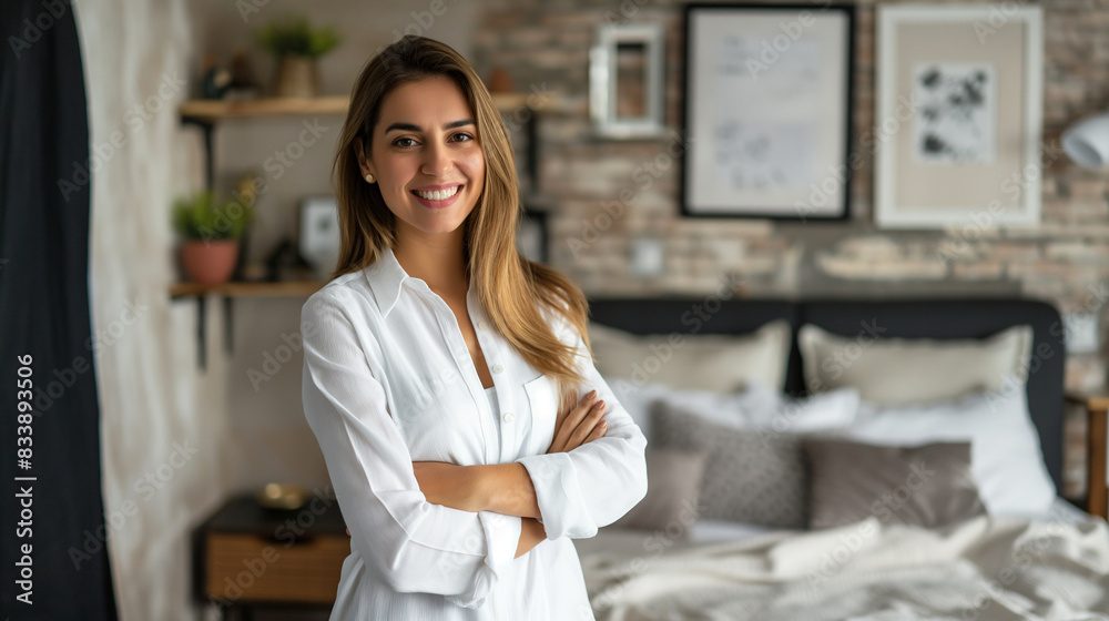 Confident European woman real estate agent stands proudly in a beautifully decorated guest room, showcasing comfort and style, radiating expertise and approachability, ready to ass