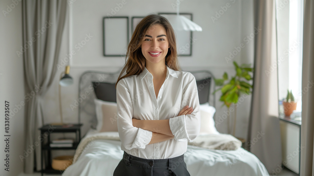Confident European woman real estate agent stands proudly in a beautifully decorated guest room, showcasing comfort and style, radiating expertise and approachability, ready to ass Confident European woman real estate agent stands proudly in a beautifully decorated guest room, showcasing comfort and style, radiating expertise and approachability, ready to ass