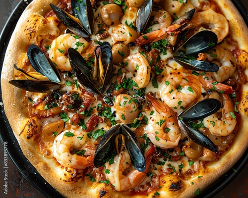 Close up of a delicious seafood pizza with shrimp, mussels, and clams.
