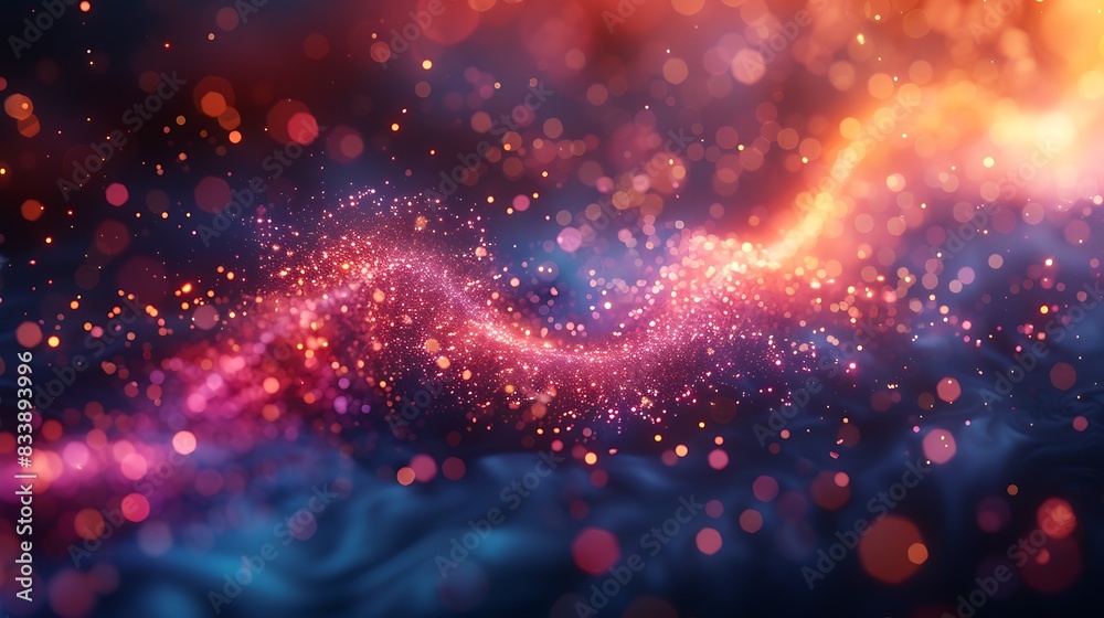 Fototapeta premium An abstract depiction of a fairy dust trail, twinkling and shimmering over a dreamy, soft-colored background, magical and ethereal, vibrant sparkles, soft glow, pastel hues, high contrast.
