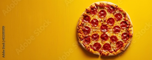 Delicious pepperoni pizza on a yellow background.