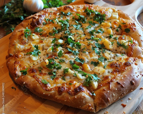 Close up of a delicious garlic pizza with fresh herbs.