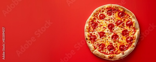 Pepperoni pizza on red background with copy space.