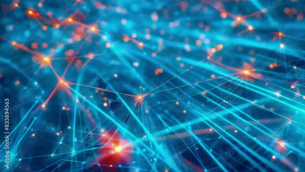 A complex matrix of interconnected optical fibers with particles flowing through them, representing a high-speed data grid, 4K High-Quality technology background Animation Video A complex matrix of interconnected optical fibers with particles flowing through them, representing a high-speed data grid, 4K High-Quality technology background Animation Video