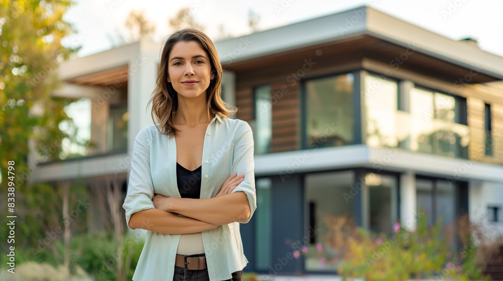 Confident American woman real estate agent stands proudly outside a stunning modern home, ready to assist potential house buyers with her professional expertise Confident American woman real estate agent stands proudly outside a stunning modern home, ready to assist potential house buyers with her professional expertise