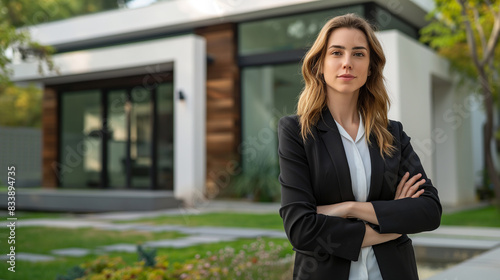 Confident American woman real estate agent stands proudly outside a chic modern home, her presence reassuring potential house buyers of her expertise