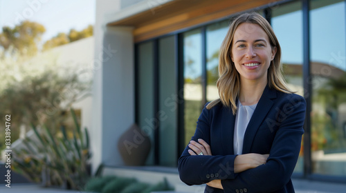 Confident American woman real estate agent stands proudly outside a modern home, her knowledgeable and friendly demeanor attracting potential house buyers © Maksym