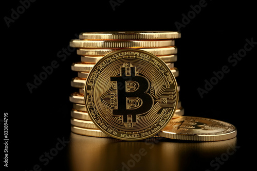 A stack of golden coins with the bitcoin symbol