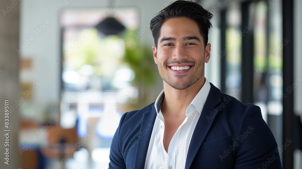 Smiling elegant confident young professional Latino Hispanic businessman with a friendly and authoritative demeanor, standing in a dynamic office setting Smiling elegant confident young professional Latino Hispanic businessman with a friendly and authoritative demeanor, standing in a dynamic office setting