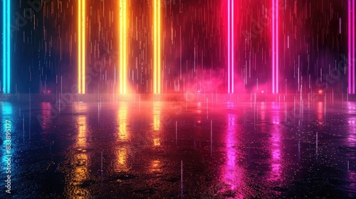 Background of empty show scene. Empty dark modern abstract neon background. Glow of neon lights on an empty stage, diodes, rays and lines. Lights of the night city. Wet asphalt, yellow and red