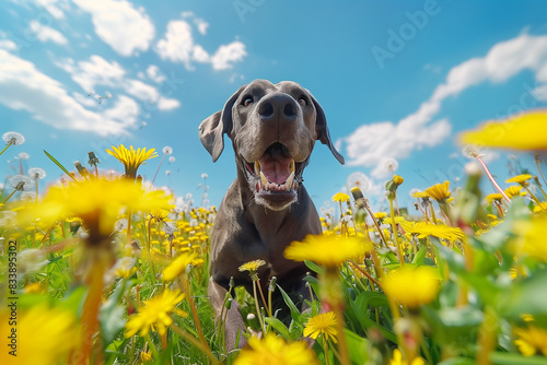 Great Dane with a joyful expression in a field of dandeliions under a bright blue sky photo