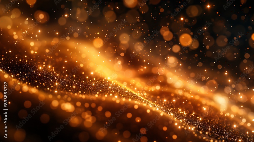 Obraz premium An abstract depiction of golden glitter rain, particles twinkling in light, dynamic and flowing, rich gold tones, sparkling effects, mesmerizing and vibrant, high contrast.