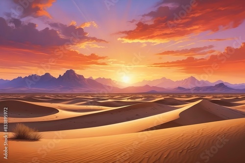 Desert landscape rolling sand dunes golden light sky sunset faraway mountains background.