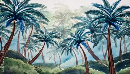 palm trees in a jungle forest decorative watercolor painting landscape