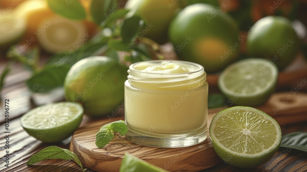 Wooden surface with a jar of refreshing lime infused natural moisturizer cream. Generative AI. Wooden surface with a jar of refreshing lime infused natural moisturizer cream. Generative AI.