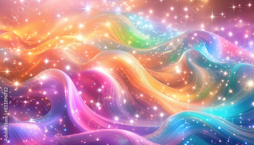 Rainbow colors wavy design with stars in background. Silk liquid clouds curves lines © jayasankar