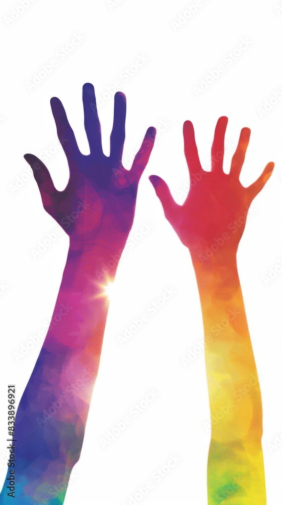 Elegant minimalist design of silhouetted hands raised against a white background, accented with a rainbow for LGBTQ celebration, Elegant minimalist design of silhouetted hands raised against a white background, accented with a rainbow for LGBTQ celebration,