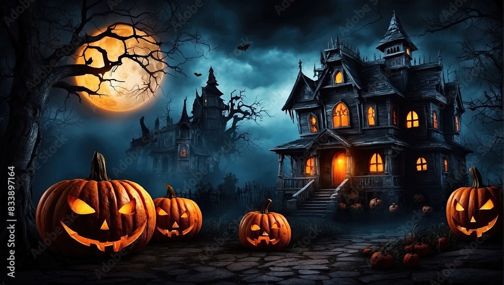 Halloween Jack Lantern pumpkin background in a scary forest with a dead tree, a terrible hunting house. Frightening mood, bats, driftwood, full moon, fog, twilight. Copy space. Halloween Jack Lantern pumpkin background in a scary forest with a dead tree, a terrible hunting house. Frightening mood, bats, driftwood, full moon, fog, twilight. Copy space.