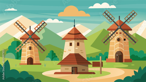 Built from locallysourced stone and wood the traditional windmills blend seamlessly into the natural landscape.. Vector illustration