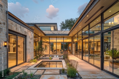 A chic modern house with a blend of rustic stone and sleek metal, featuring a central open-air courtyard and expansive glass walls for unobstructed views,