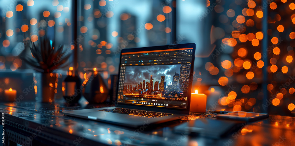 A luxurious scene focused on a sleek laptop, predominantly gold, black, and white color, vibrant bokeh lights in the background. The laptop screen show advanced video editing software. Generative AI. A luxurious scene focused on a sleek laptop, predominantly gold, black, and white color, vibrant bokeh lights in the background. The laptop screen show advanced video editing software. Generative AI.