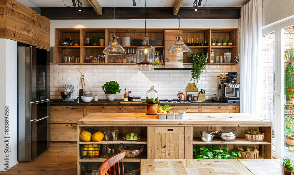 Rustic Wooden Kitchen Interior with Spacious Island and Big Table for Cooking and Dining in Natural Daylight Setting Rustic Wooden Kitchen Interior with Spacious Island and Big Table for Cooking and Dining in Natural Daylight Setting