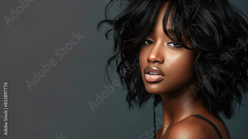 A beautiful black woman with a wig. The wig is an extension of her natural hair, giving her a longer and fuller look. photo