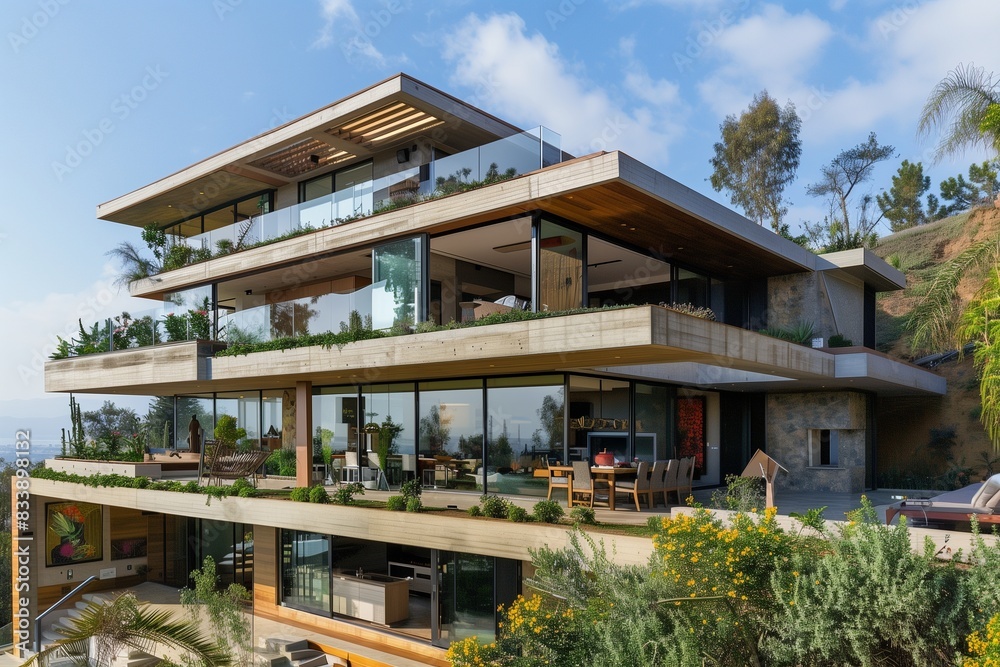 Fototapeta premium A contemporary hillside house with multiple terraces, each offering expansive views, and an open interior featuring a seamless blend of indoor and outdoor spaces,