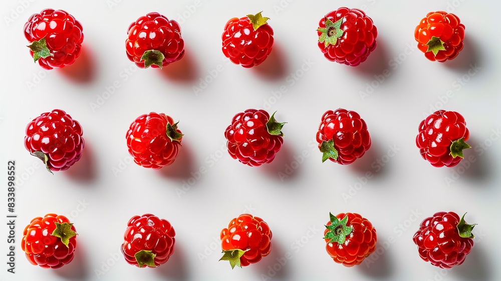 Creative layout made of red cloudberries on white background. Flat lay, top view.