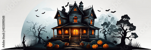 Halloween Jack Lantern pumpkin background in a scary forest with a dead tree  a terrible hunting house. Frightening mood  bats  driftwood  full moon  fog  twilight. Copy space.