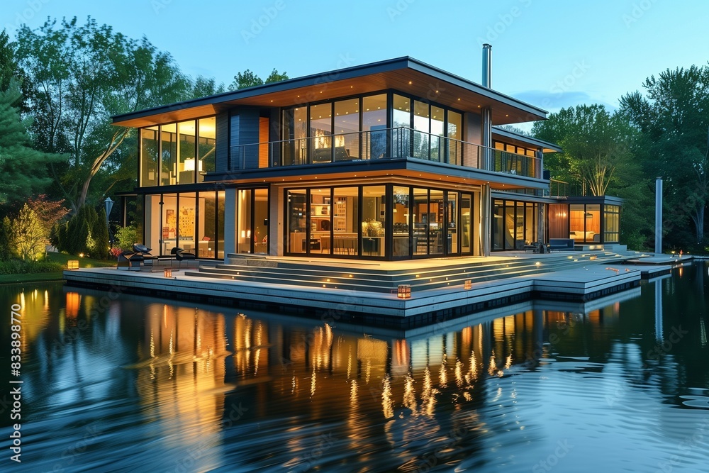 A contemporary lake house with a floating dock, large glass walls overlooking the water, and an interior designed with sustainable materials, A contemporary lake house with a floating dock, large glass walls overlooking the water, and an interior designed with sustainable materials,