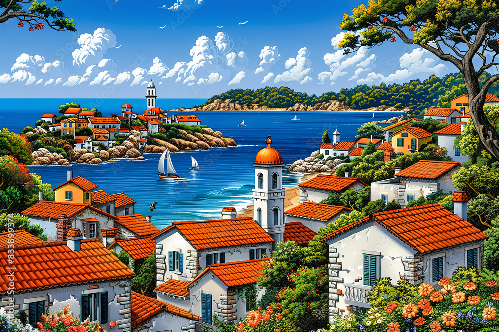 Colorful cartoon illustration of a small town. The sky, blue sea and ...