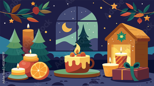 The cozy space is filled with the warm scents of pine and vanilla from the holiday decorations adding to the magical atmosphere of the candlelit. Vector illustration