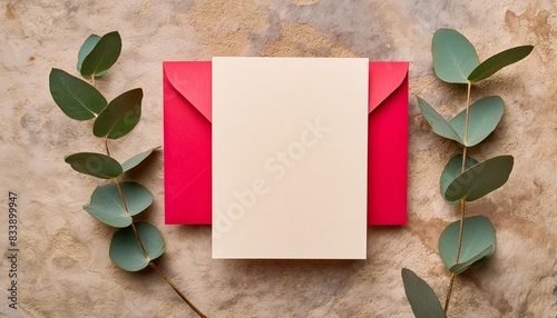 eucalyptus branches on a rough stone surface top view wediing invitation card mockup photo