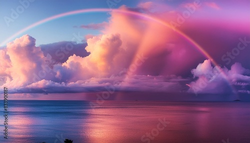 dramatic sea sunset glowing purple clouds and rainbow beautiful reflection of light and clouds on the surface of the sea fantasy landscape seascape background