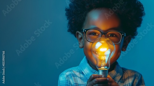 Happy smart black little boy with framed eyeglasses holding a glowing lightbulb in hand isolated on blue background with copy space, concept of creative, study, smart, idea, invention, close up. photo