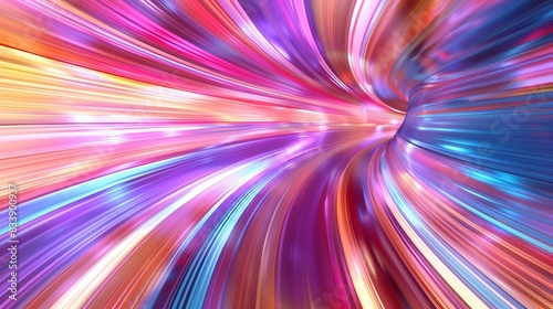 abstract neon background  space tunnel turning to right  ultra violet rays  glowing lines  virtual reality jump  speed of light  space and time strings  highway night lights