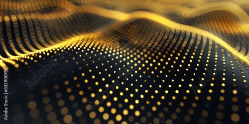 Modern trendy golden glowing particles with depth of field, bokeh, waving, motion, Particles form line and 3d surface grid, topography, abstract golden tech luxury backgrounds.