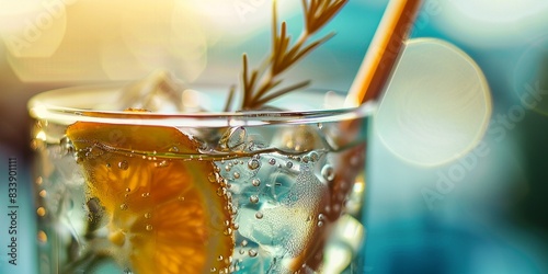  Close up of a summer cold fresh drink with rosemary strawberry and metal copper straw on blurred background, fancy summer cocktail, happy summer holiday, freshness, party, vacation, travel, event. photo