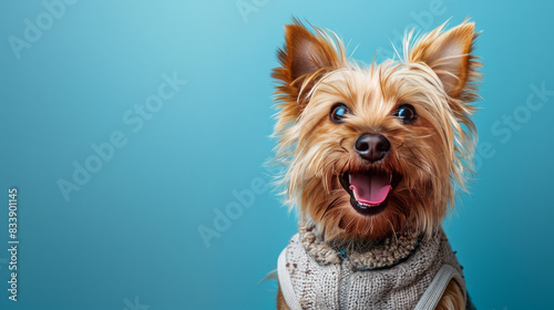 A dog with a vest made of its own fur is smiling in a photo with a blue background. photo