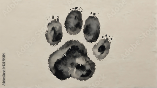 a simple yet evocative black ink paw print, detailed with texture and splatter, set against a pale, textured background