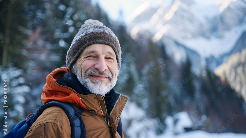 Embracing the Golden Years: A Joyful Senior Man Hiking Through Scenic Winter Mountains Embracing the Golden Years: A Joyful Senior Man Hiking Through Scenic Winter Mountains